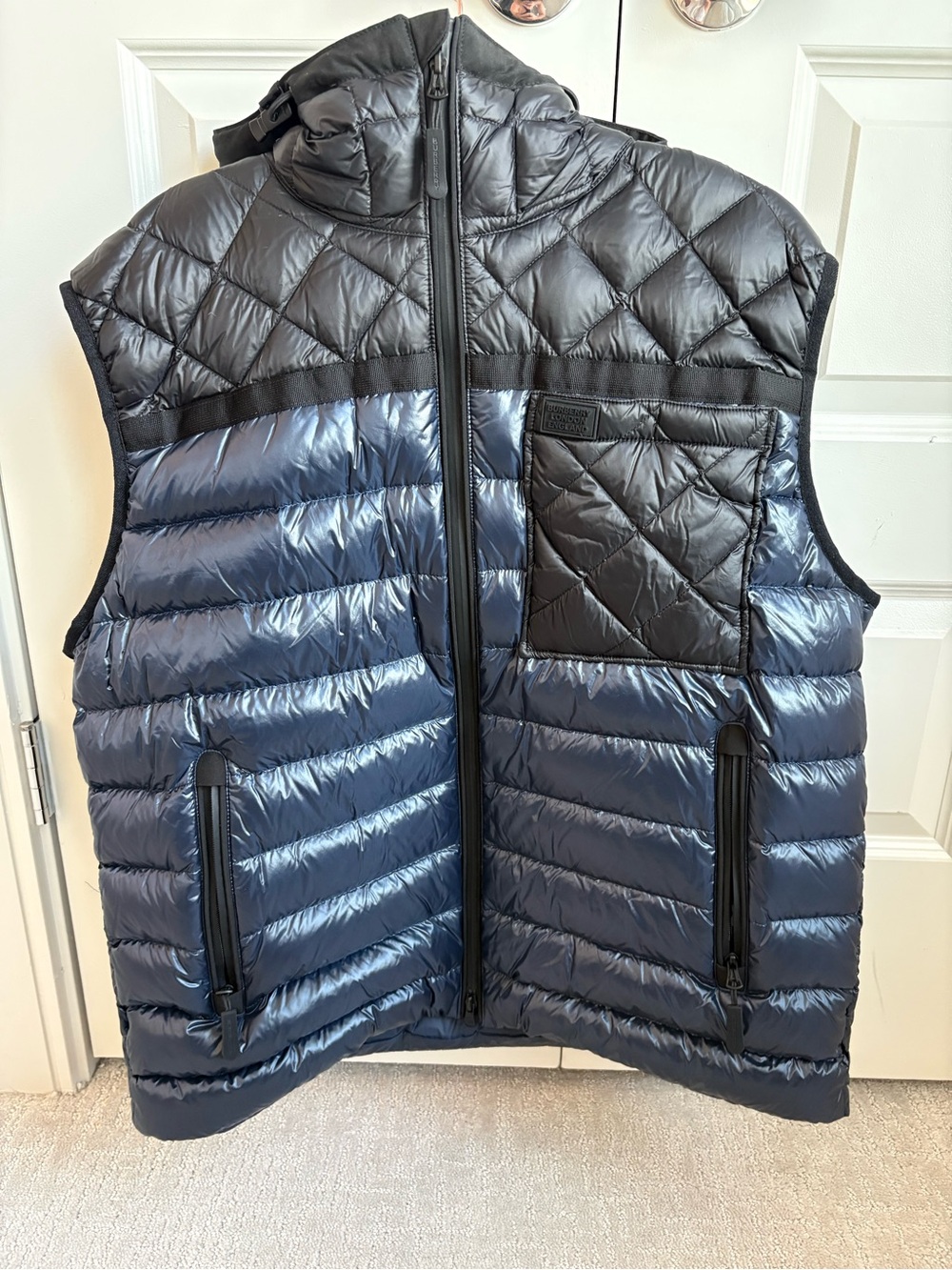Burberry Black and Navy Quilted Hooded Puffer Vest